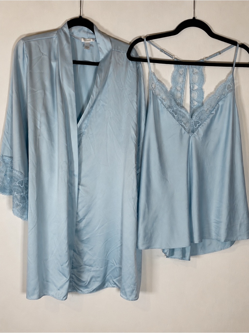 Blue Satin Lace Lingerie Set Robe Chemise Heart Lace Romantic Luxe XL